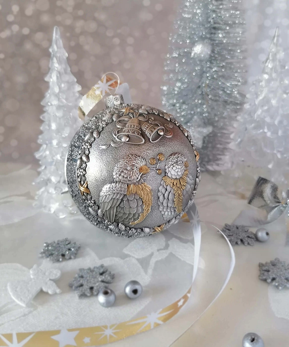 Set of 4 silver Christmas balls "Bullfinches, Snowflakes, Bells and a Happy childhood"